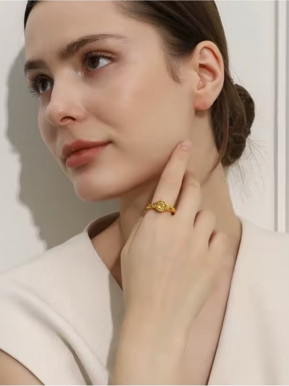 New Ring! 18K Gold  Ring with Yellow Stone Tarnish Free Waterproof